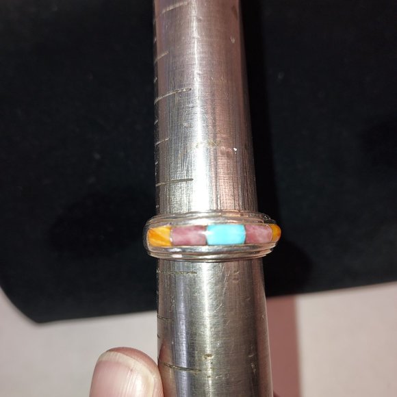 Native American Wide turquoise  & spiny oyster Inlay Ring Signed I J - Picture 9 of 11